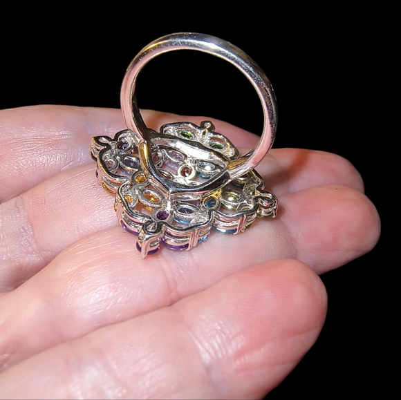 Multi Gemstone & Sterling Silver Large Cocktail Ring Size 8 - Picture 9 of 14